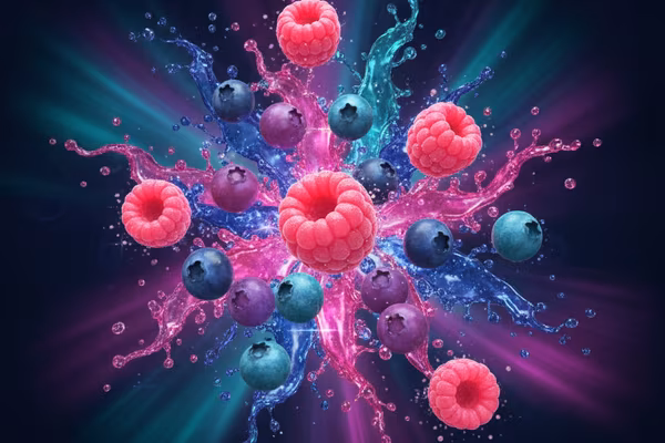 Berry Blast game — bursting wild berries on a dark Nordic background