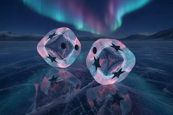 Polar Dice game — two frosted dice rolling on an aurora-lit table