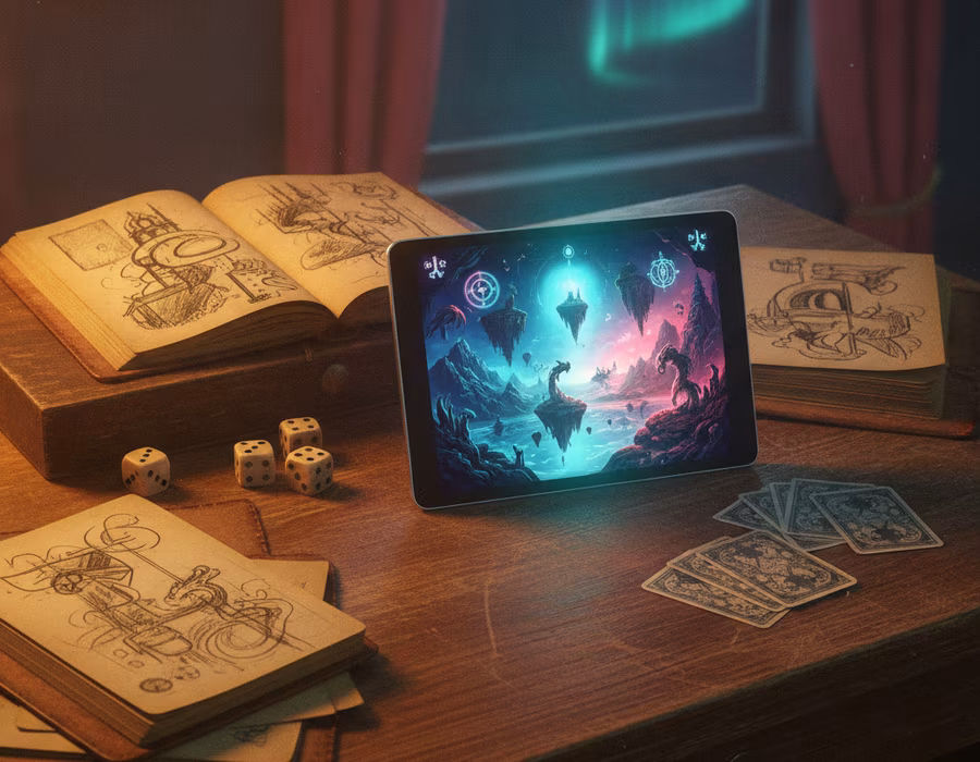 Old journal, sketches and playing cards on a wooden desk lit by candlelight