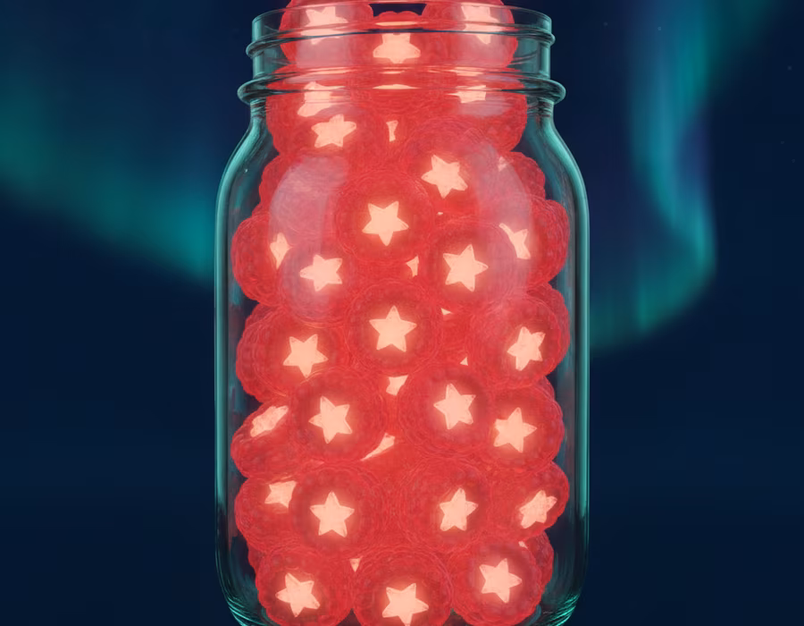 Glass jar of glowing Boreal Berries under a northern night sky