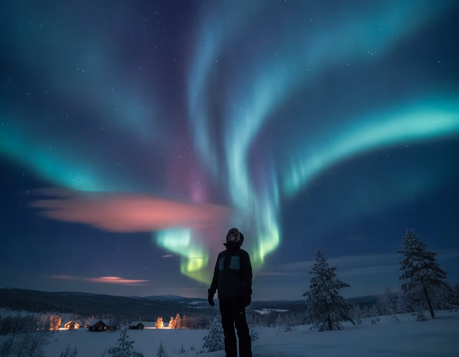 Lone figure gazing at a vast green aurora arcing over a snowy valley at night