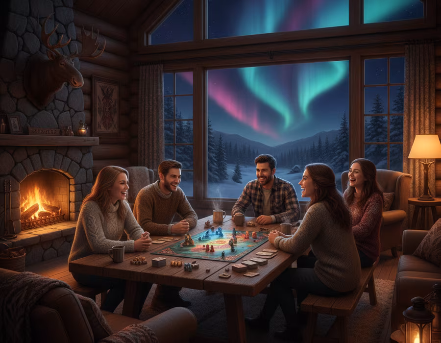 A cosy log cabin studio glowing under the aurora borealis
