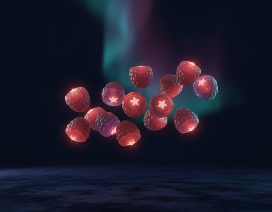 A wooden bowl of glowing Boreal Berries under the northern lights